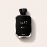Černý flakon Rasasi Hawas Black EDP 100 ml s hadím víčkem na světlém pozadí – MrRizz