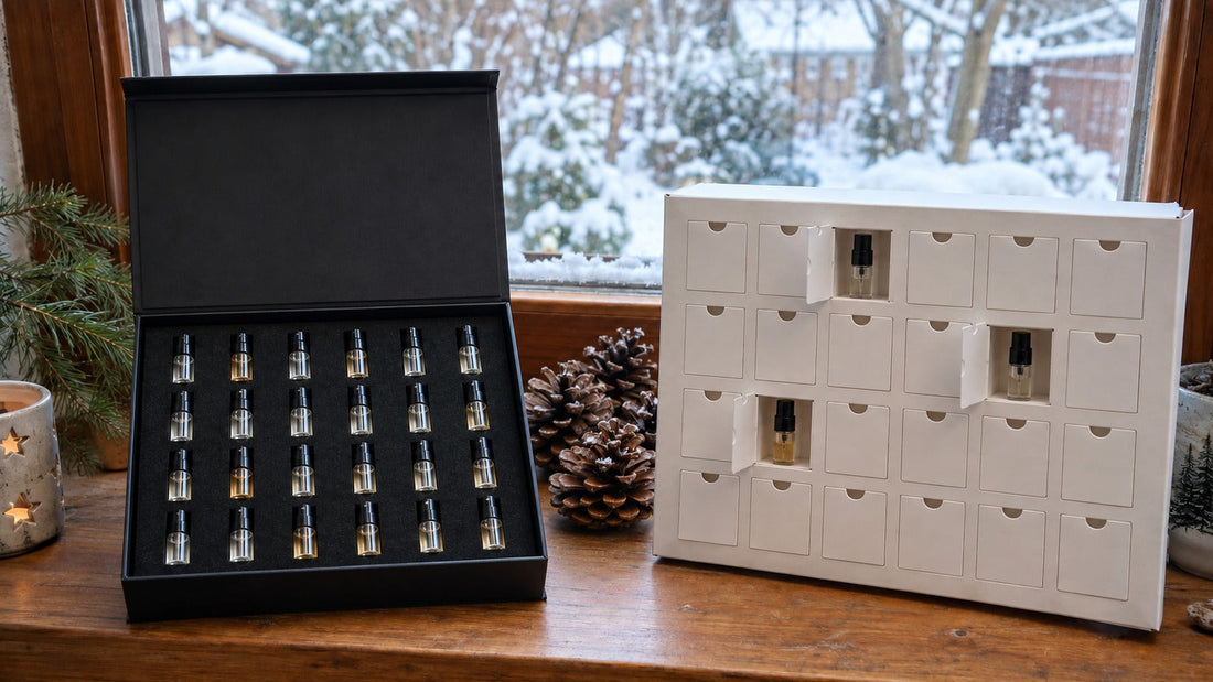 Srovnání adventních kalendářů MrRizz: černá dárková krabička z roku 2025 a papírový kalendář 2026.