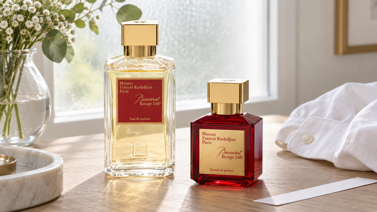 Bočice Baccarat Rouge 540 Eau de Parfum i Extrait de Parfum u blagom prirodnom svjetlu.