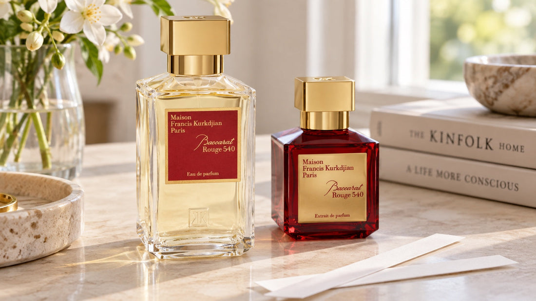 A Baccarat Rouge 540 Eau de Parfum és Extrait de Parfum üvegei lágy természetes fényben.