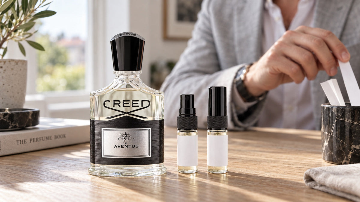 Creed Aventus se vzorky na světlém dřevěném stole.