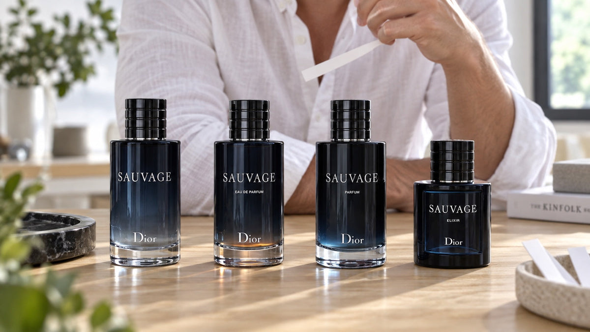 Vier Dior Sauvage Flakons: Eau de Toilette, Eau de Parfum, Parfum und Elixir bei Tageslicht.