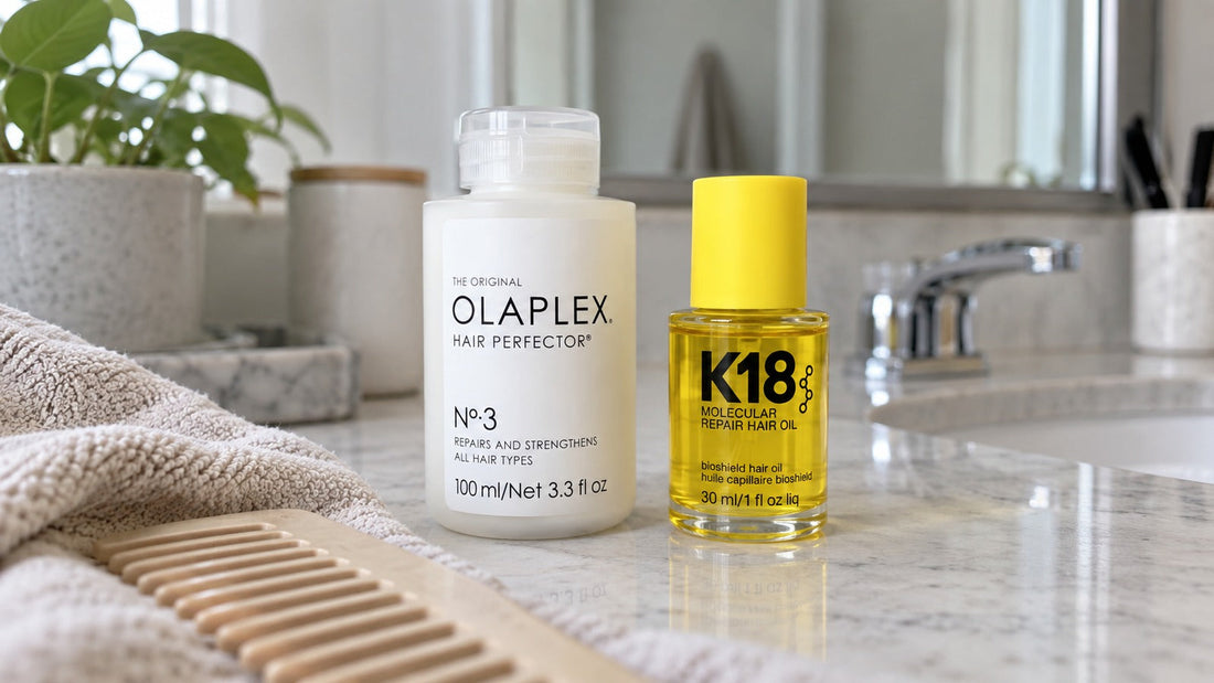 Olaplex No.3 PLUS a K18 Hair Oil vedle sebe na koupelnovém pultu