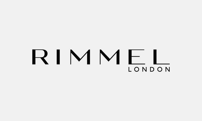 Rimmel London – černé logo na světle šedém pozadí