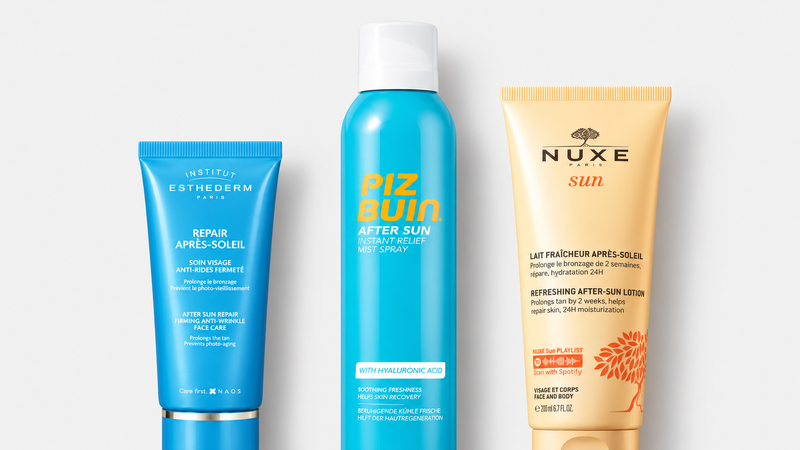 Po opalování — Institut Esthederm After Sun Repair Firming Anti-Wrinkle Face Care 50 ml, PIZ BUIN After Sun Instant Relief Mist Spray 200 ml, NUXE Sun Refreshing After-Sun Lotion 200 ml; tři produkty na světlém šedém pozadí