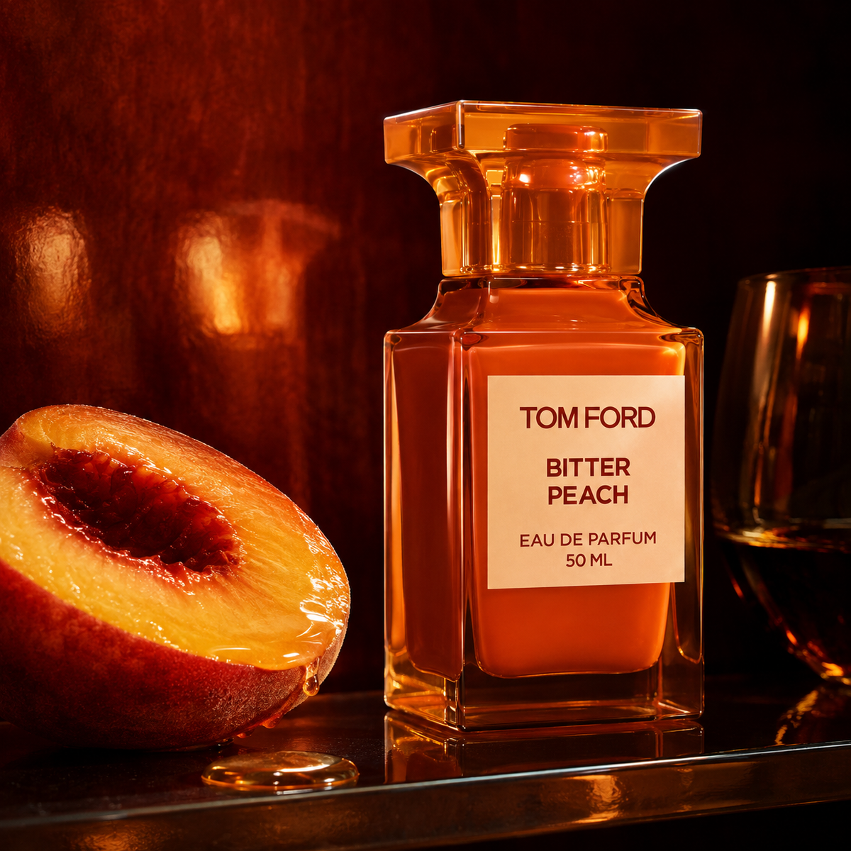 Tom Ford Bitter Peach v smyslném jantarovém zátiší se zralou broskví a rumem – MrRizz
