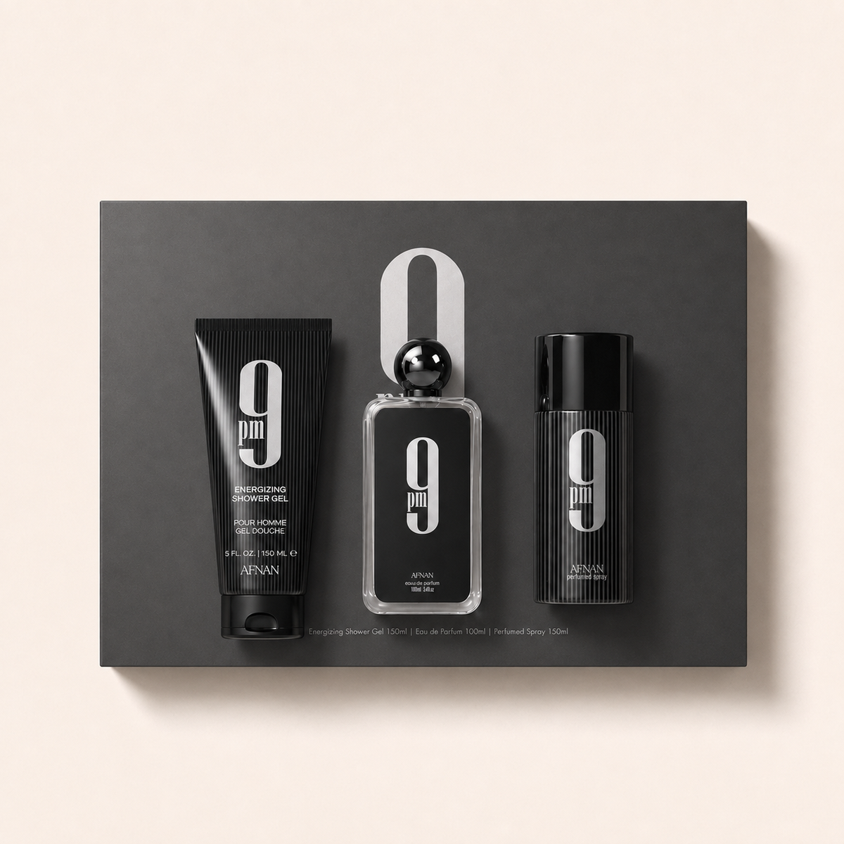 Dárková sada Afnan 9PM: parfémovaná voda 100 ml, sprchový gel 150 ml a deodorant 150 ml s černou dárkovou krabičkou – MrRizz