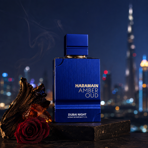 Emocionální vizuál parfému Al Haramain Amber Oud Dubai Night Extrait nad nočním městem – MrRizz