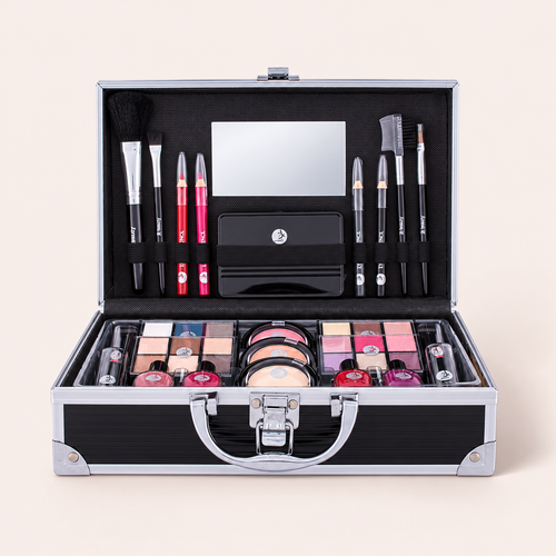 2K Fabulous Beauty Train Case Black, otevřený černý kosmetický kufřík se stříbrným rámem – MrRizz