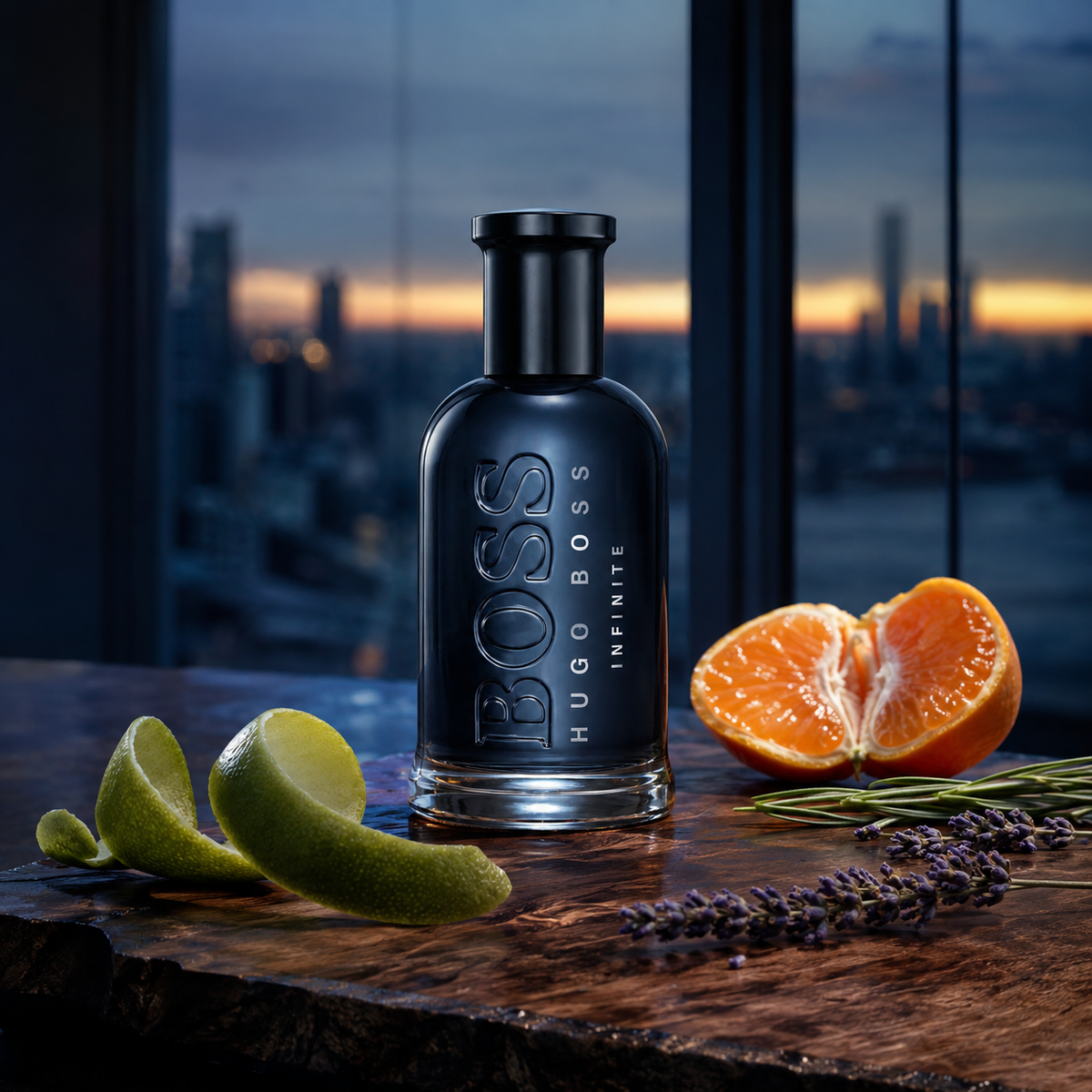 Hugo Boss BOSS Bottled Infinite EDP v emocionální scéně s citrusy, bylinami a ranním městem – MrRizz