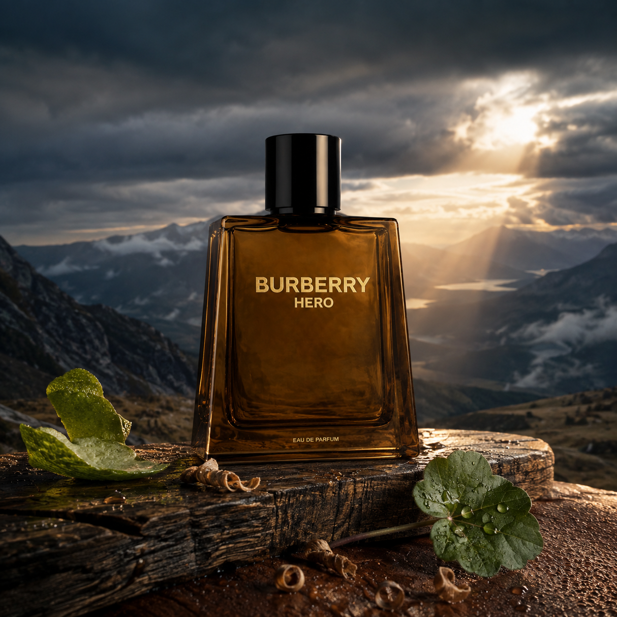 Emocionální vizuál parfému Burberry Hero EDP na cedrovém hřebeni před bouří – MrRizz