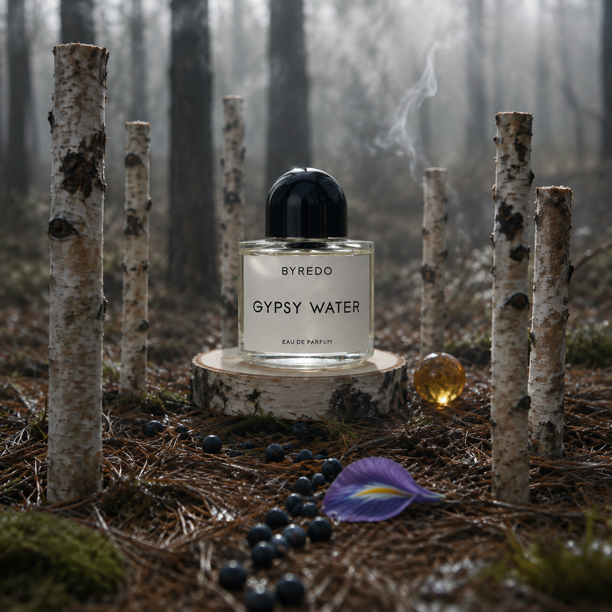 Byredo Gypsy Water na březovém řezu v mlhavém lese s jalovcovými bobulemi – MrRizz