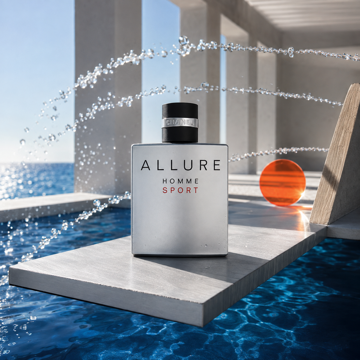 Chanel Allure Homme Sport EDT nad modrou vodou v bílém sloupoví s oblouky vodních kapek – MrRizz