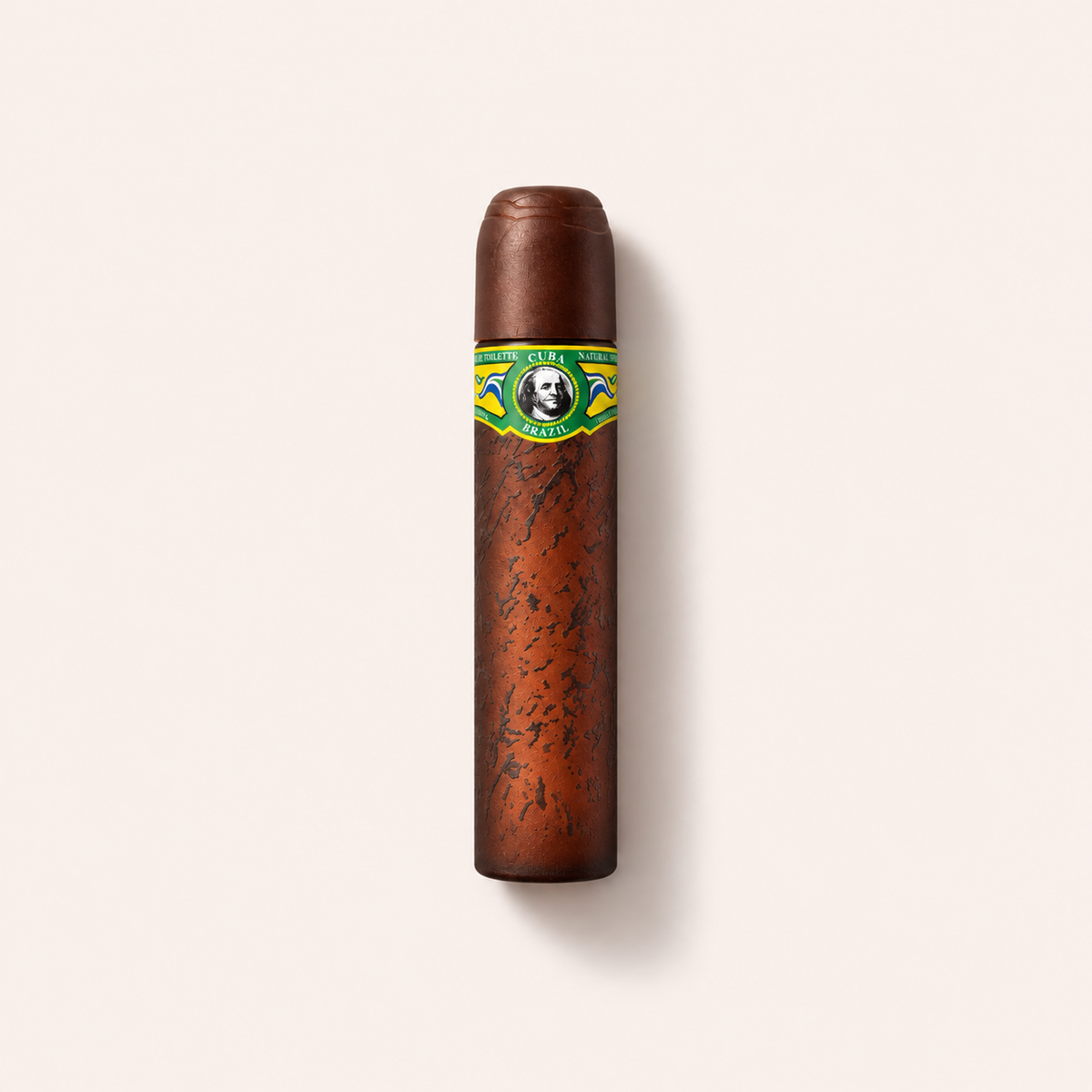 Doutníkový flakon Cuba Brazil EDT se zelenožlutou etiketou na světlém pozadí – MrRizz