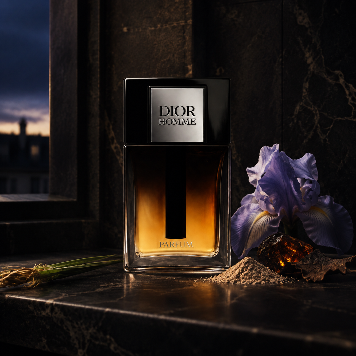 Dior Homme Parfum 2025 – večerní zátiší s kosatcem, ambrou, pačuli a vetiverem – MrRizz
