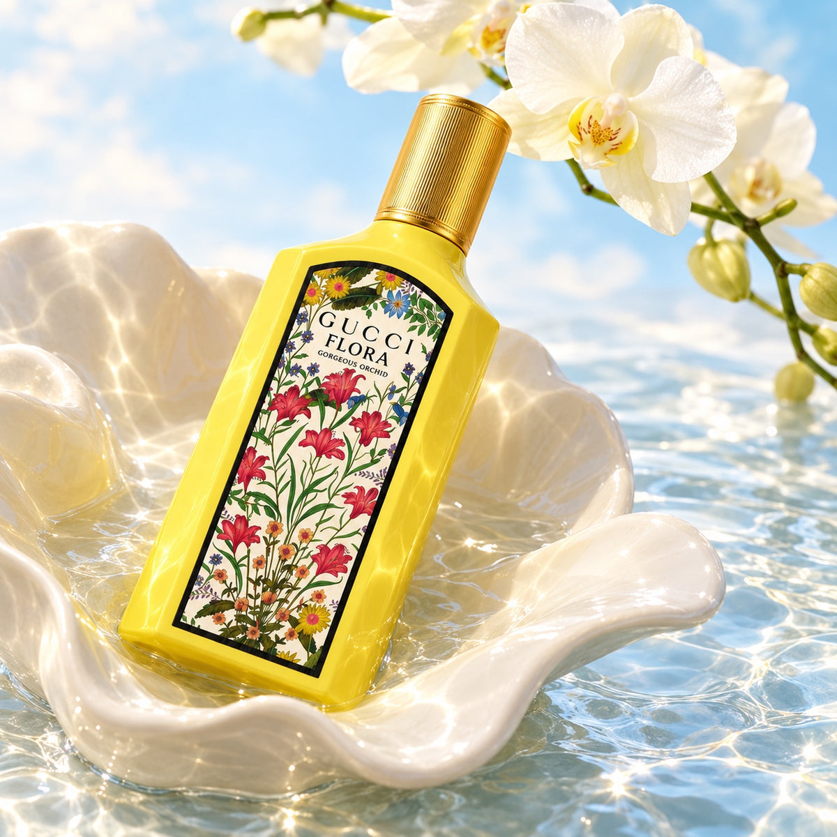 Gucci Flora Gorgeous Orchid 100 ml, vzdušné zátiší s bílou orchidejí a keramickým květem – MrRizz