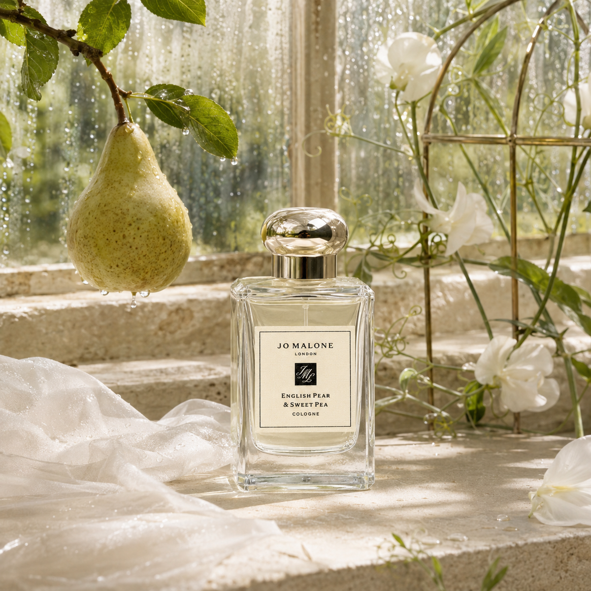 Jo Malone English Pear & Sweet Pea Cologne v prosluněném skleníku s hruškou a bílými květy hrachoru – MrRizz
