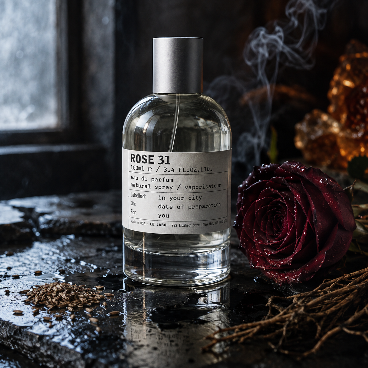 Le Labo Rose 31 v emocionální scéně inkoustové růže po dešti s vetiverem a kadidlem – MrRizz
