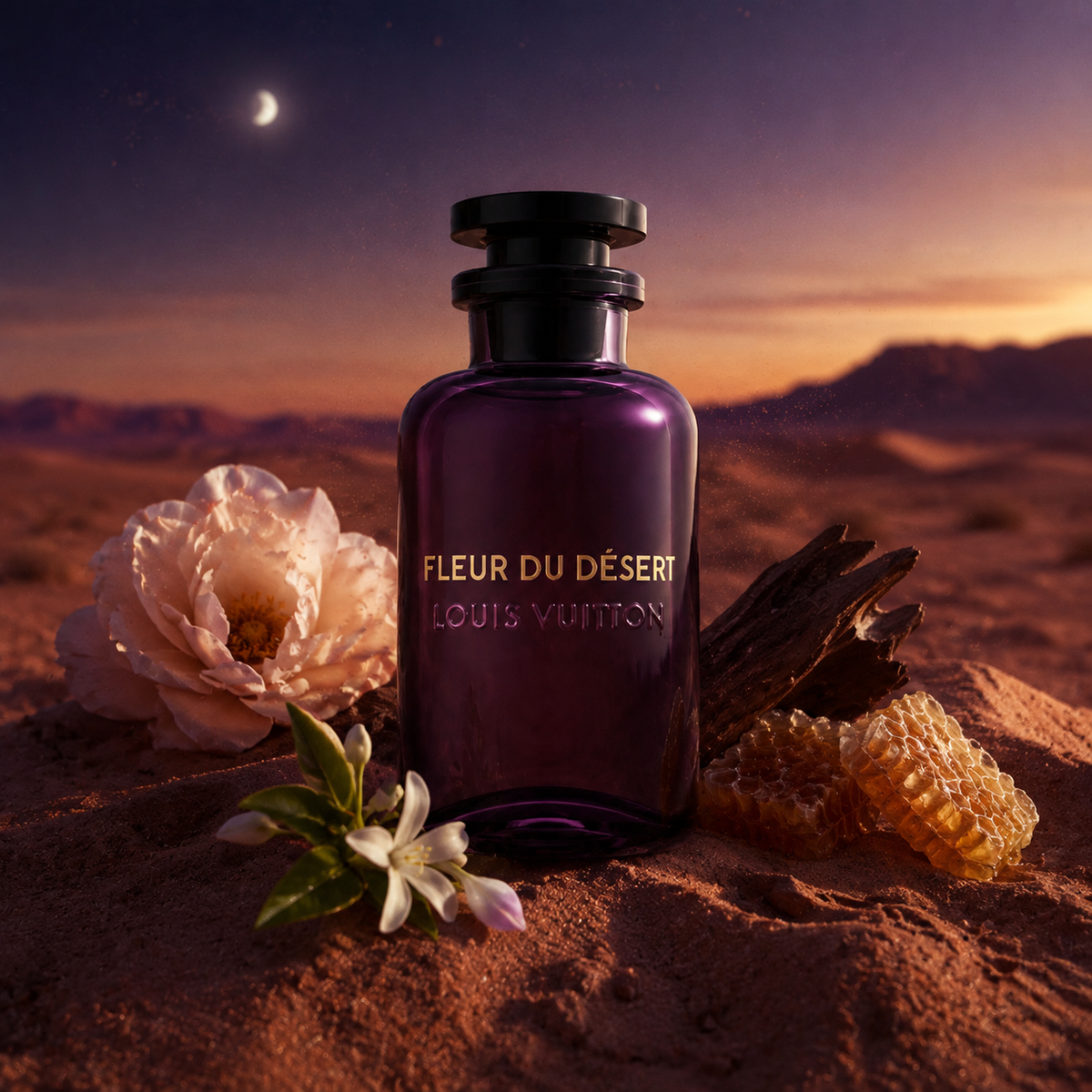 Emocionální vizuál parfému Louis Vuitton Fleur du Désert v poušti za modré hodiny – MrRizz