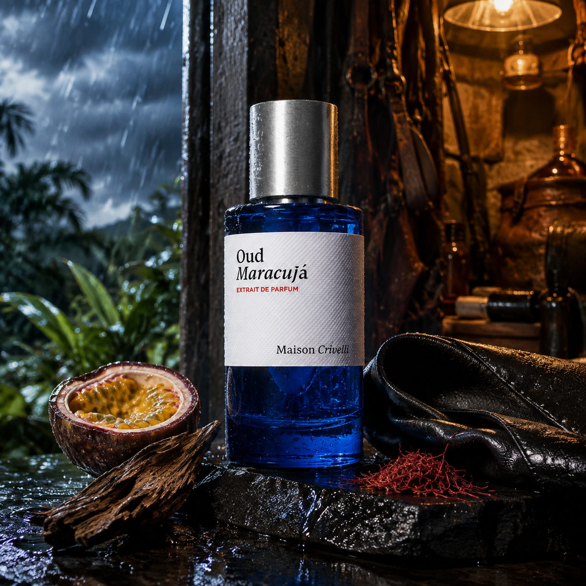 Emocionální vizuál parfému Maison Crivelli Oud Maracujá mezi tropickou bouří a kůží – MrRizz