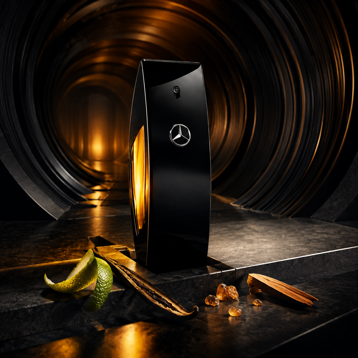 Mercedes-Benz Club Black v emocionální noční scéně s vanilkou, bergamotem a ambrovým světlem – MrRizz