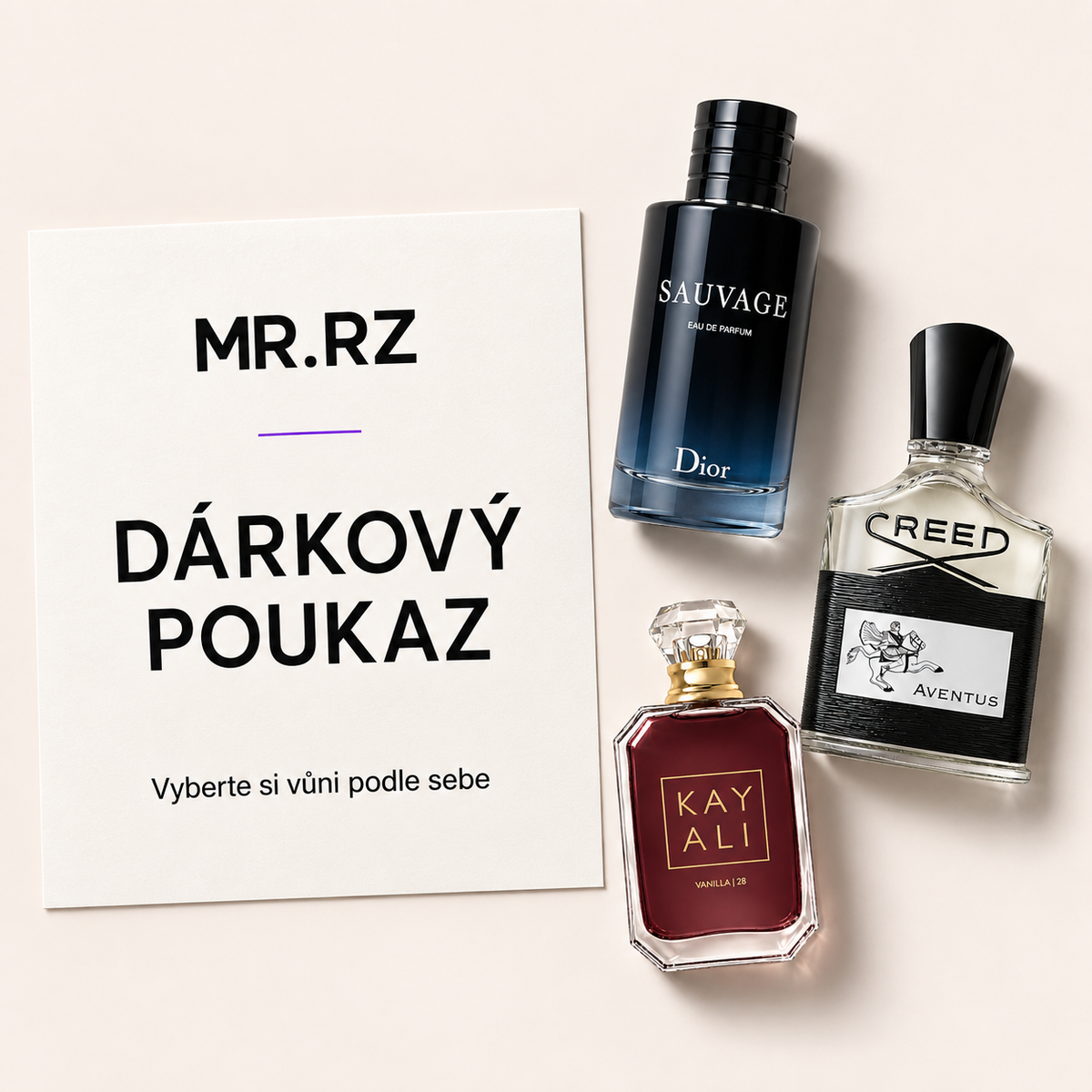 Moderní dárkový poukaz MrRizz s parfémy Dior Sauvage, Creed Aventus a Kayali Vanilla 28