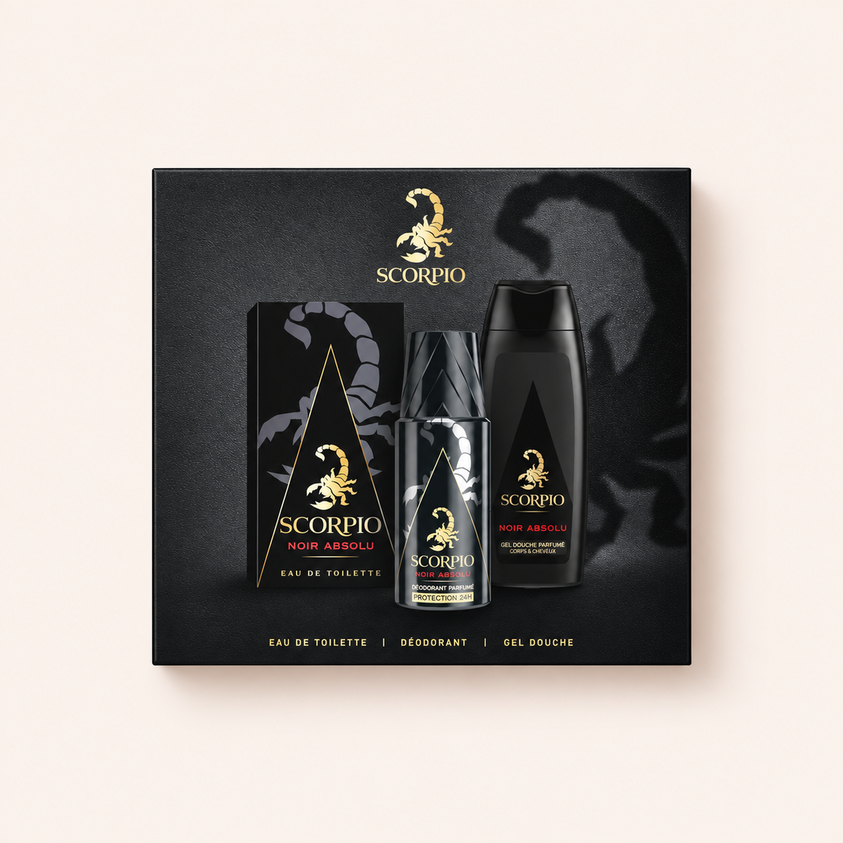 Scorpio Noir Absolu dárková sada EDT 75 ml + deodorant 150 ml + sprchový gel 250 ml – produktová fotografie MrRizz