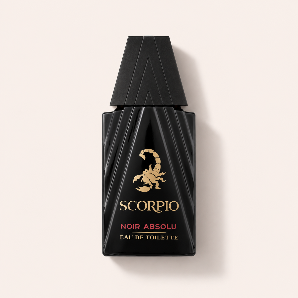 Scorpio Noir Absolu EDT 75 ml, černý pánský flakon položený na zádech – MrRizz