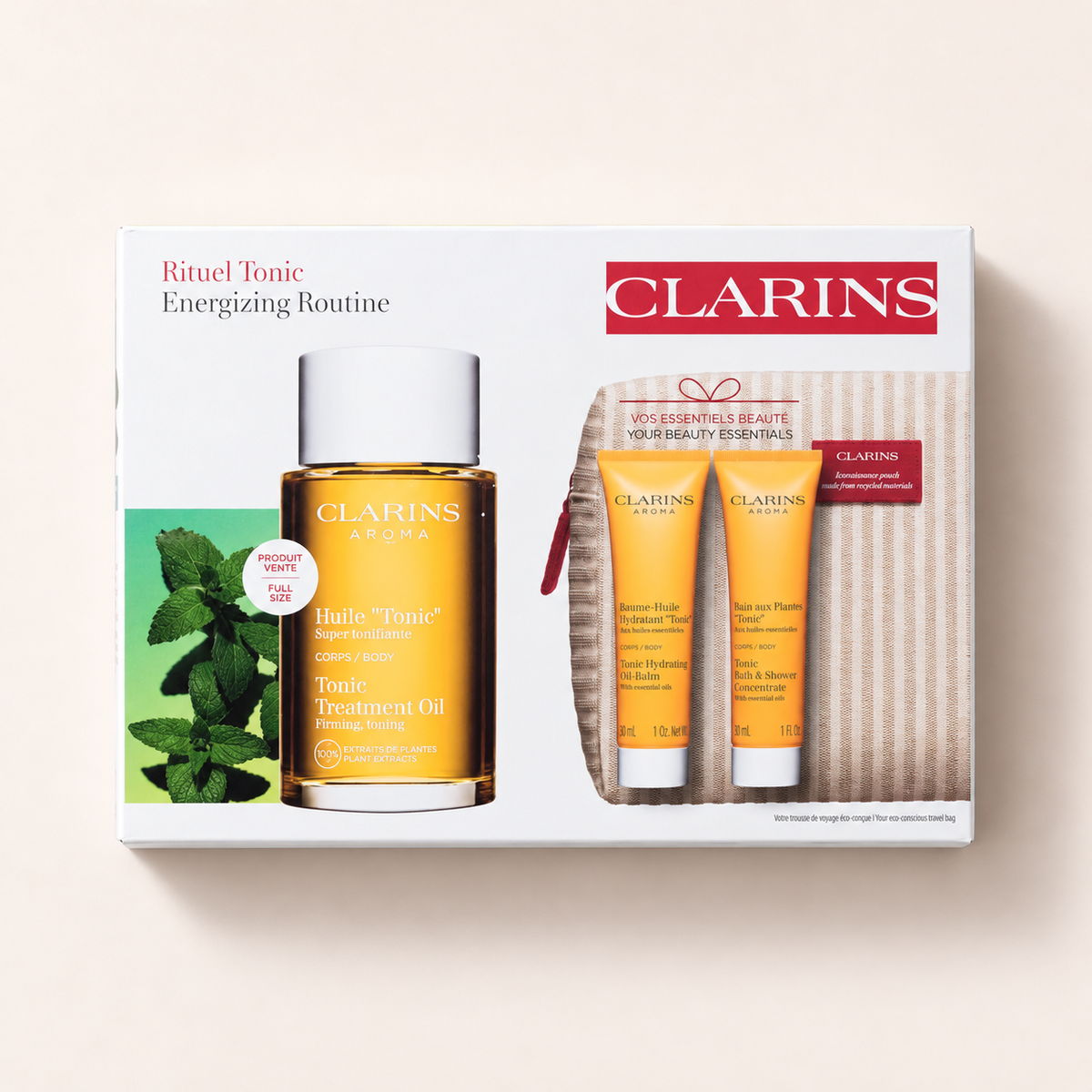 Clarins Tonic dárková sada olej 100 ml, balzám 30 ml, sprchový koncentrát 30 ml a taštička – MrRizz