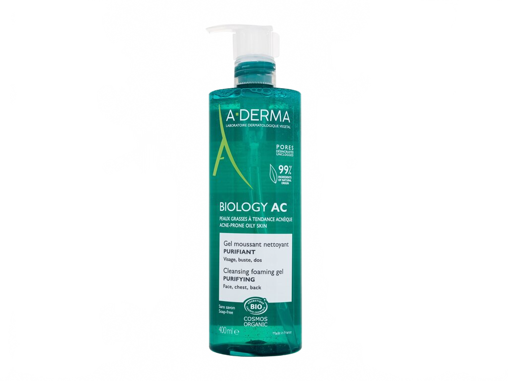 A-Derma Biology AC Cleansing Foaming Gel 400 ml na béžovém pozadí – MrRizz