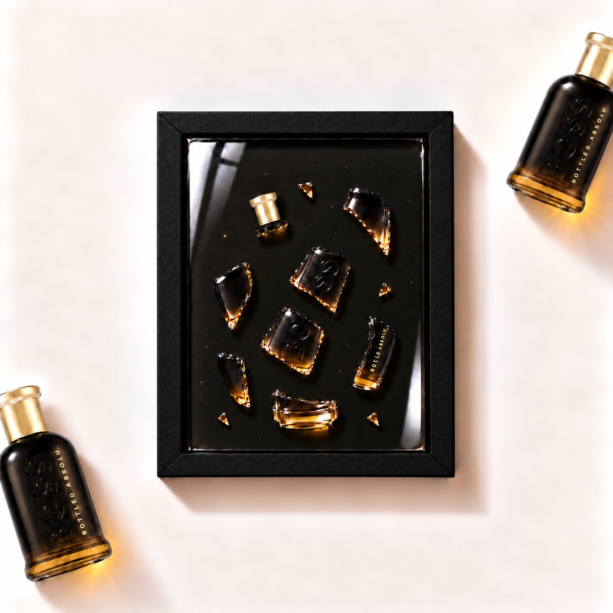 Parfemovy obraz Bottled Absolu Hugo Boss v cernem ramu - ilustracni fotografie