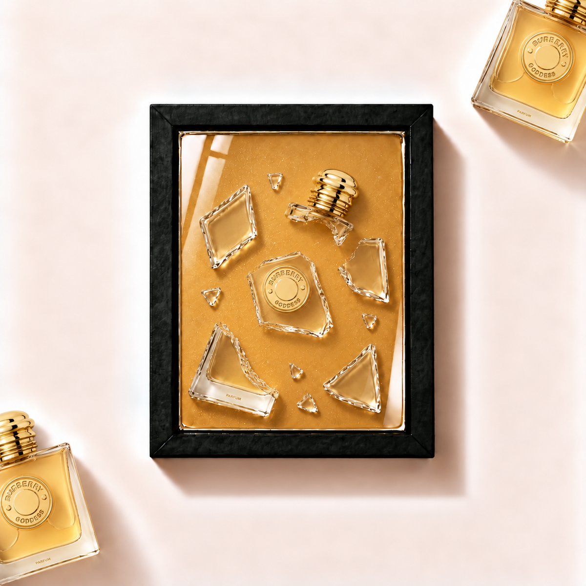 Parfemovy obraz Goddess Parfum Burberry v cernem ramu - ilustracni fotografie