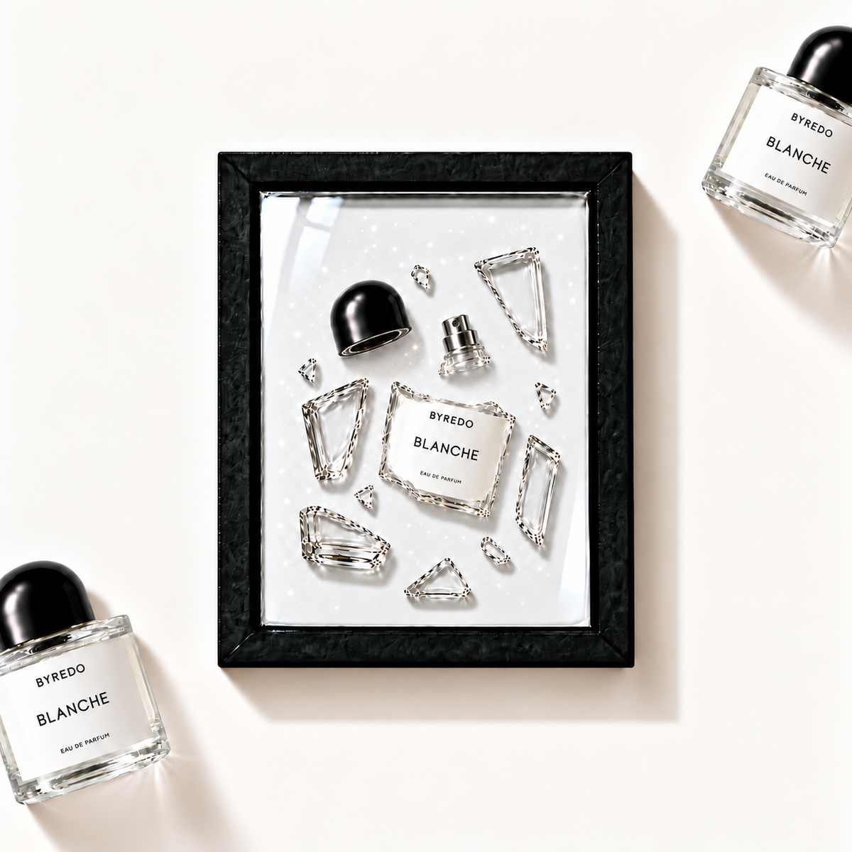 Parfémový obraz Byredo Blanche v černém rámu – profesionální ilustrační fotografie