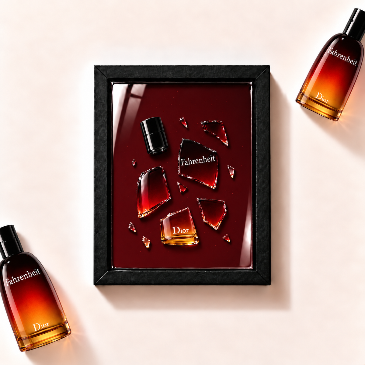 Ilustrační parfémový obraz Dior Fahrenheit z fragmentů originálního flakonu v černém rámu