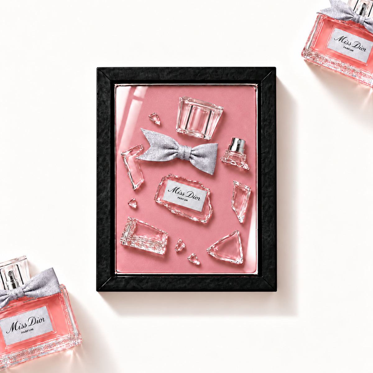 Parfémový obraz Dior Miss Dior Parfum (2024) v černém rámu – profesionální ilustrační fotografie
