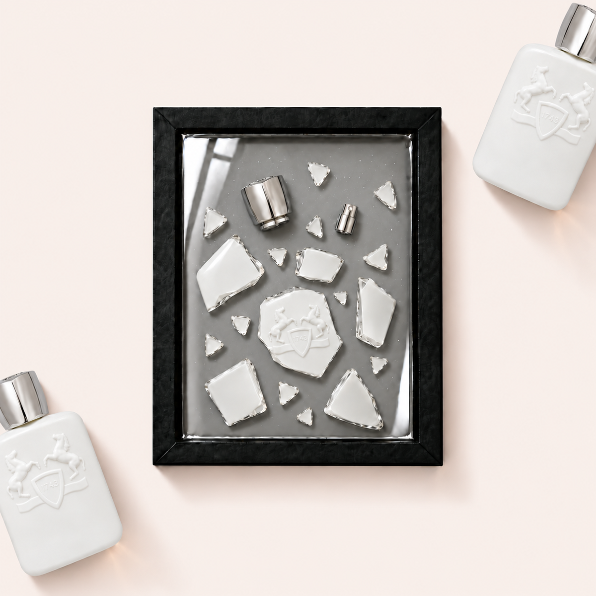 Parfémový obraz Parfums de Marly Galloway v černém rámu – profesionální ilustrační fotografie