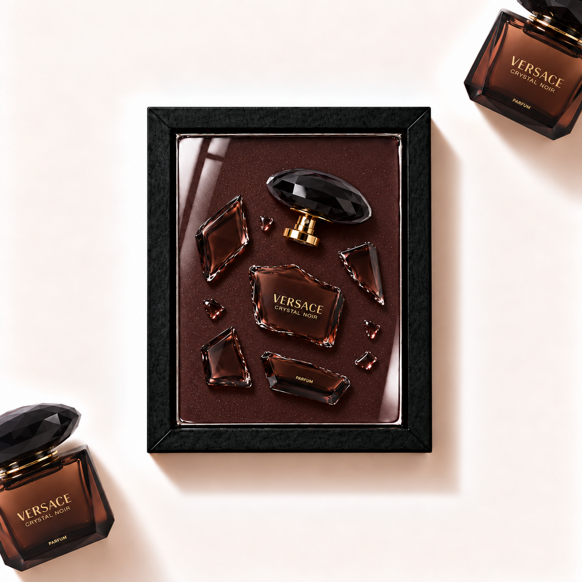Parfemovy obraz Crystal Noir Parfum Versace v cernem ramu - ilustracni fotografie