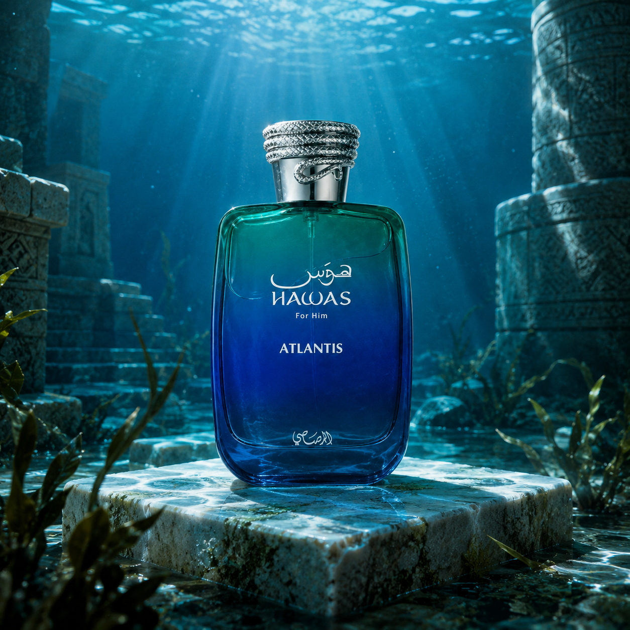 Rasasi Hawas Atlantis v emocionální podvodní scéně s oceánským světlem – MrRizz