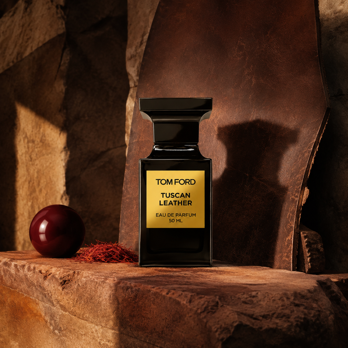 Tom Ford Private Blend Tuscan Leather před hnědým koženým pásem na kameni se šafránem – MrRizz