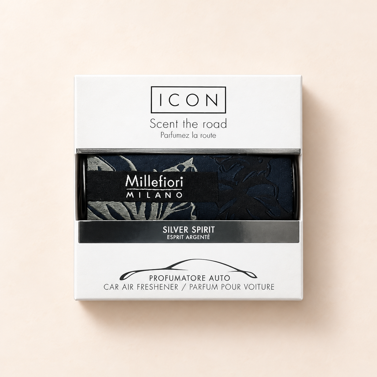 Titulní fotografie osvěžovače do auta Millefiori Milano Icon Textile Silver Spirit v originálním balení – MrRizz