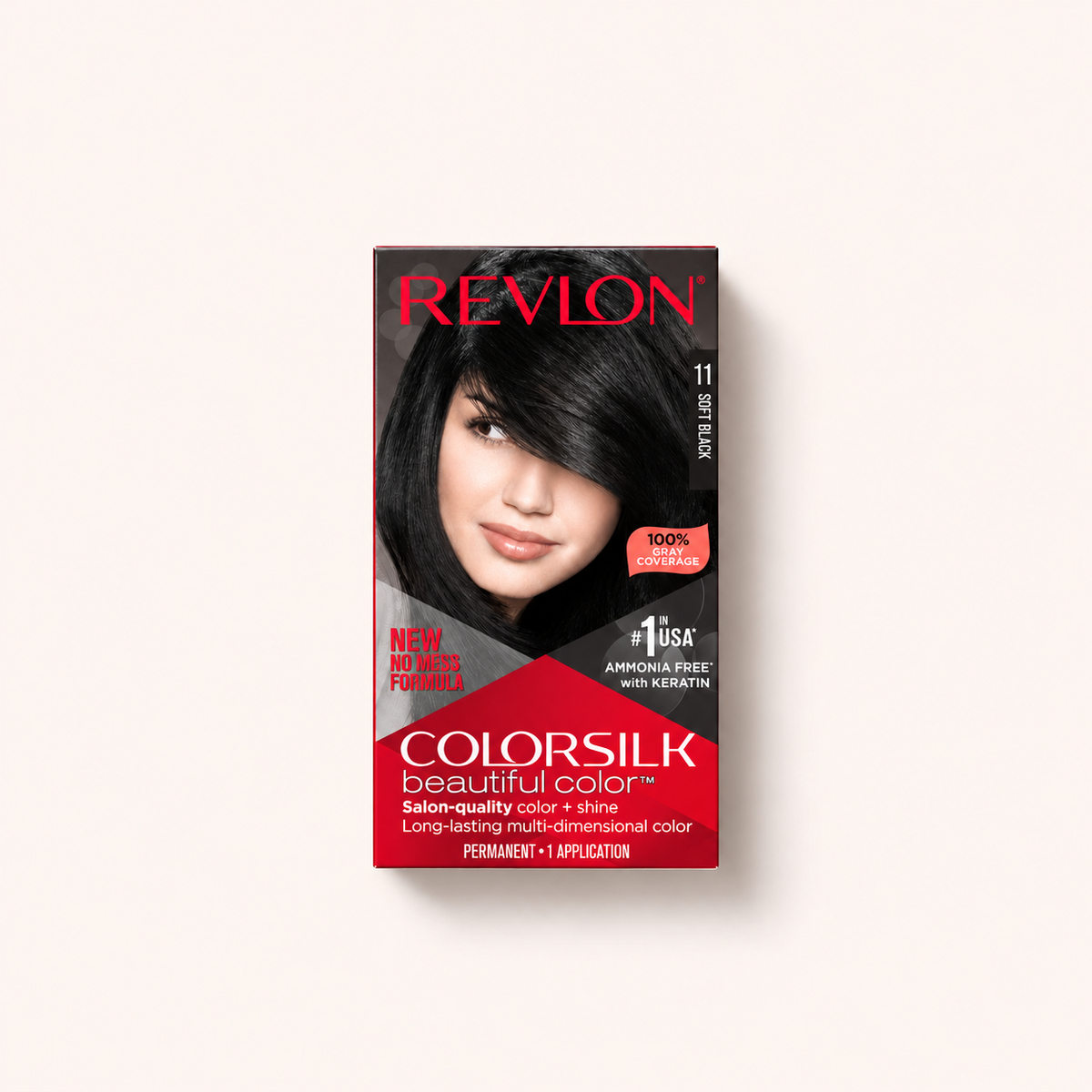 Revlon ColorSilk Beautiful Color odstín11 Soft Black – produktové balení na světlém pozadí – MrRizz