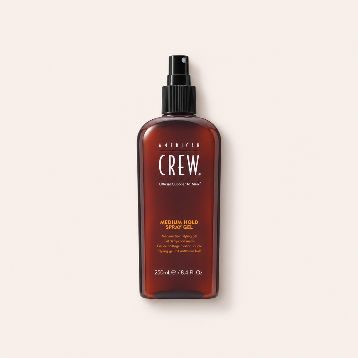Gel na vlasy American Crew Classic Medium Hold Spray Gel 250 ml na béžovém pozadí – MrRizz