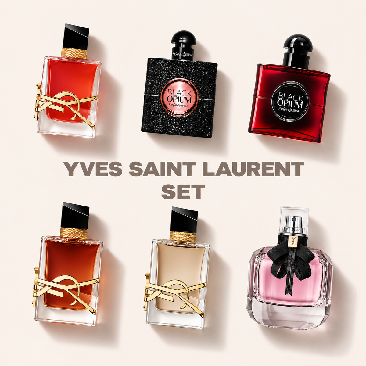 Parfémy ze sady Yves Saint Laurent set na béžovém pozadí – MrRizz